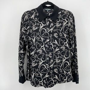 Catherine Malandrino Womens Button Up Shirt Black White Paris Collar S